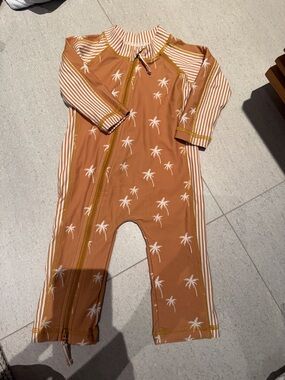 Caden Lane Rust Palm Print One-Piece Rashguard with Striped Sleeves